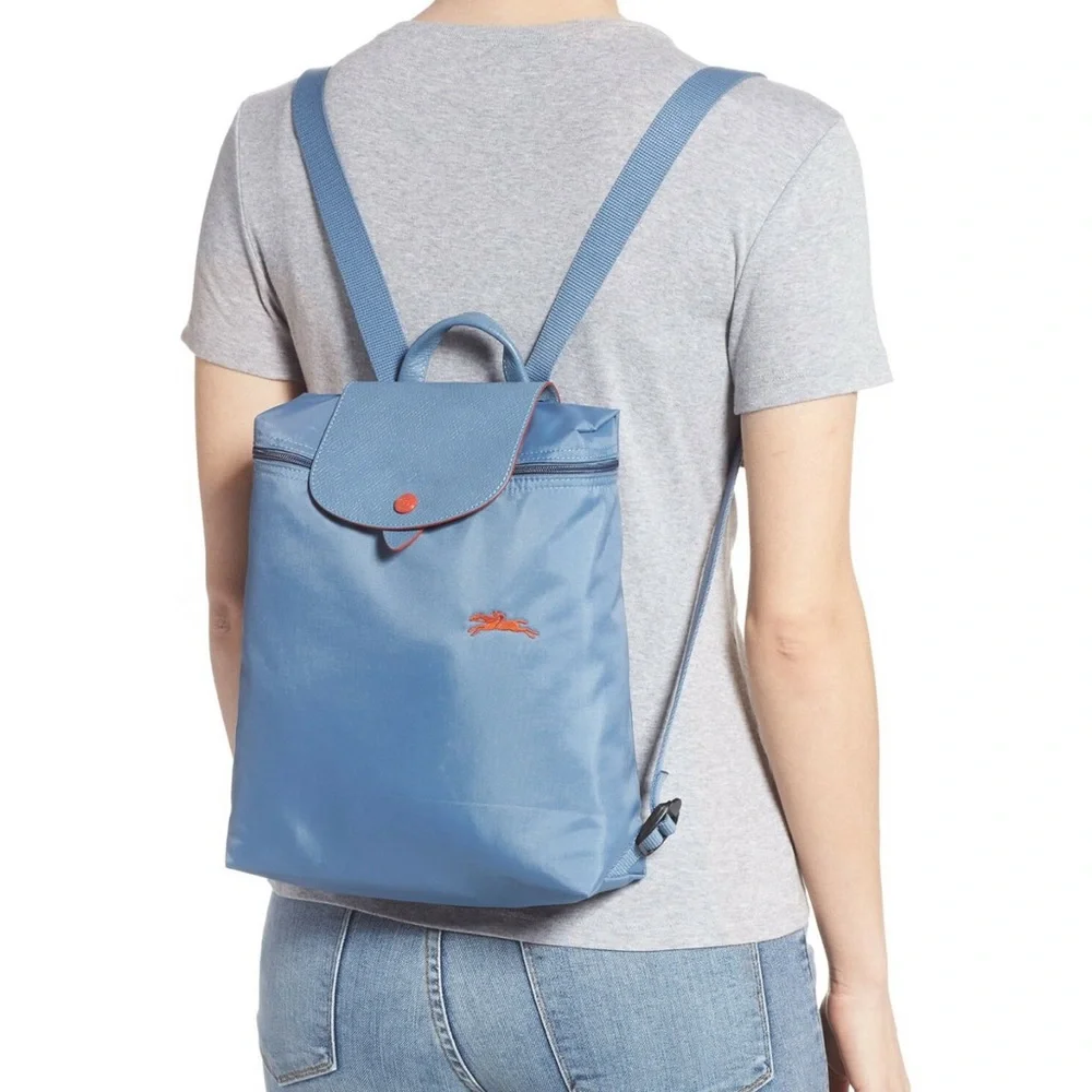 Longchamp Blue Backpack with Orange Accents
